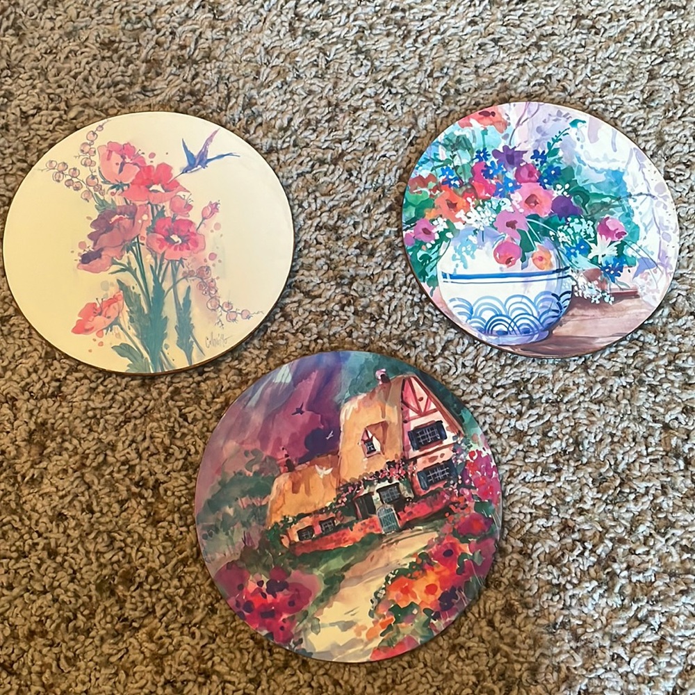 Floral Vintage Watercolor Cork 7” Round Trivet Set of 3